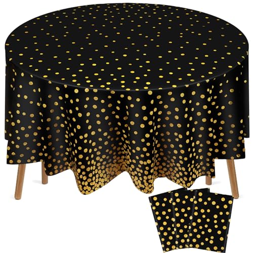 Newwiee 3 Pcs Round Dot Tablecloth 84 Inch Plastic Table Cover Dots Confetti Tablecloths for Wedding Bridal Shower Thanksgiving Christmas New Year Birthday Party Decor (Black and Gold Dots)