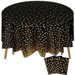 Newwiee 3 Pcs Round Dot Tablecloth 84 Inch Plastic Table Cover Dots Confetti Tablecloths for Wedding Bridal Shower Thanksgiving Christmas New Year Birthday Party Decor (Black and Gold Dots)