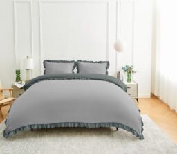 GC GAVENO CAVAILIA Ruffles Duvet Cover Double With Pillow Cases - Reversible Plain Bedding Double Duvet Cover Set - Breathable & Lightweight Frill Quilt Cover Bed Set 200x200 Cm, Grey/Charcoal