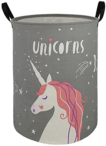 KUNRO Round Laundry Basket Hamper Kids Toys and Clothes Storage Basket Children Gift Basket Baby Toy Organizer Bins for Room Decor (Grey Unicorn)
