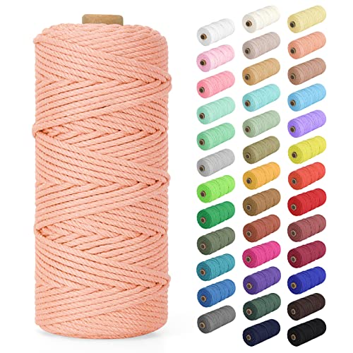 Macrame Cord 3mm x 109Yards (328Feet), Natural Cotton Macrame Rope - 4 Strands Twisted Macrame Cotton Cord for Wall Hanging, Plant Hangers, Crafts, Gift Wrapping and Wedding Decorations, Meat Pink