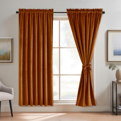 JIUZHEN Terracotta Red Blackout Velvet Curtains for Bedroom Super Soft Thick Thermal Insulated Room Darkening Rod Pocket Blackout Drapes for Living Room/Office, Set of 2 Panels, 52W x 63L