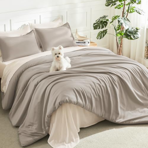 Litanika California King Comforter Set Dark Oatmeal, 3 Pieces Solid Bedding - Soft Fluffy Down Alternative All Season Quilt Blanket