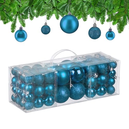 Relaxdays Christmas Baubles, Set of 76, Tree Ornaments, Holiday Decorations, Plastic, Glittery, Matte & Shiny, Petrol