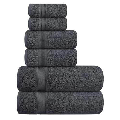 Elvana Home Ultra Soft 6 Pack Cotton Towel Set, Contains 2 Bath Towels 28x55 inch, 2 Hand Towels 16x24 inch & 2 Wash Coths 12x12 inch, Ideal Everyday use, Compact & Lightweight - Charcoal Grey