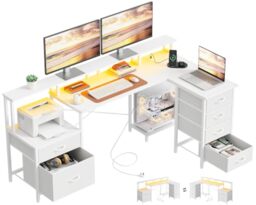 IRONCK Corner Desk with Drawers 189×100cm Computer Desk LED & Power Outlets