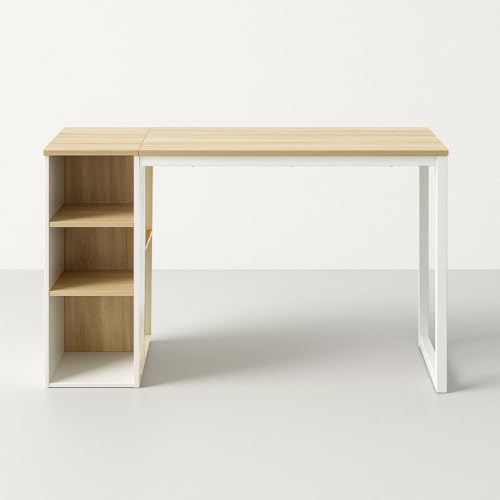 39F Furniture Dream Children’s Home Study Desk with Storage Shelves Wooden-Effect Top and White Metal Frame Compact Workstation for Homework, Arts – 120 x 55 x 75 cm