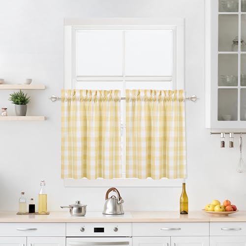 "Yellow White Buffalo Plaid Cafe Curtains 30 Inches Long, Buffalo Check Kitchen Tier Curtains, Gingham Rod Pocket Short Window Curtain for Kitchen Bathroom, 28"" W x 30"" L, Yellow/White, Set of 2"