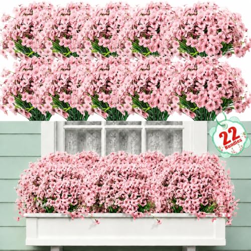 Powbrace 22 Pack Artificial Flowers for Outdoor Indoor Fake Plants(Pink) - Faux Silk Flowers for Outdoors Outside Front Porch Hanging Planter Window Box Garden Spring Decoration