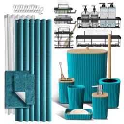 Shower Caddy and Bathroom Accessories Set with Bath Rugs, 27PC Bathroom Accessory Set with Shower Caddies Teal Bath Rugs, Shower Curtain Set, Toilet Brush, Trash Can, Soap Dispenser, Toothbrush holder