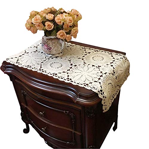 USTIDE 100% Cotton Crochet Lace Rectangular Table Runner Bedside Table Cover Ecru Dresser Scarf Doilies,2pcs 11 Inch X23 Inch