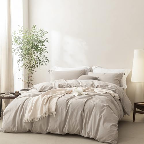 BDEAR Cream Grey Duvet Cover Twin Size 90'' L x 68'' W, 100% Washed Cotton Duver Cover with Zipper Closure Plus 2 Pillowcases, Linen Feel, Oeko TEX Standard Certificated