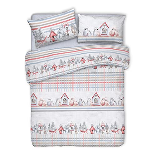 PENSIERI DELICATI Double Duvet Cover Set 100% Cotton, Complete with Sack 250 x 200 cm and 2 Pillowcases 52 x 82 cm, Made in Italy, Duvet Cover Washable In Machine At 40 °, Red Owl Pattern