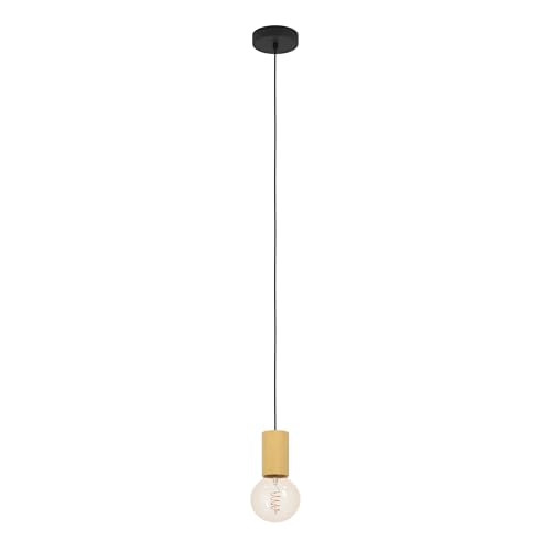 Eglo Pendant Lighting Pozueta 1, Cord Pendulum for Dining and Living Room, FSC100HB, Minimalist Hanging Ceiling Light, Black Metal and Natural Wood, Cable with E27 Socket, Ø 2.6 in