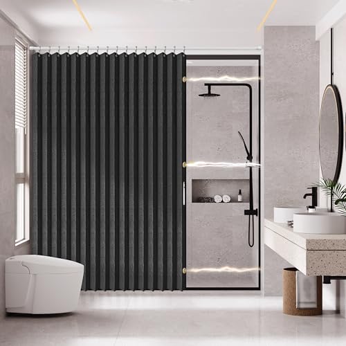 "AJAZZ Magnetic Folding Shower Curtains Fabric Polyester Material Shower Curtain Hook Waterproof Shower Curtain Suitable For Family Hotel Homestay (Black,77"" W x 72"" L) 1 Panel"