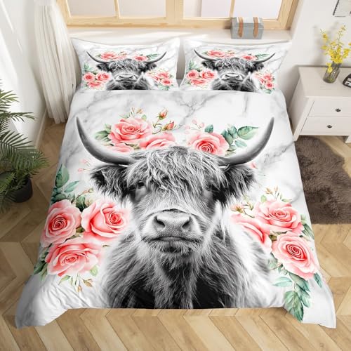 Highland Cow Flower Duvet Cover Queen Size Bull Cattle Bedding Set Bedroom Decorative Western Funny Animal Comforter Cover Set Wildlife Farmhouse Cow Quilt Cover Rose Grey Marble Bed Cover