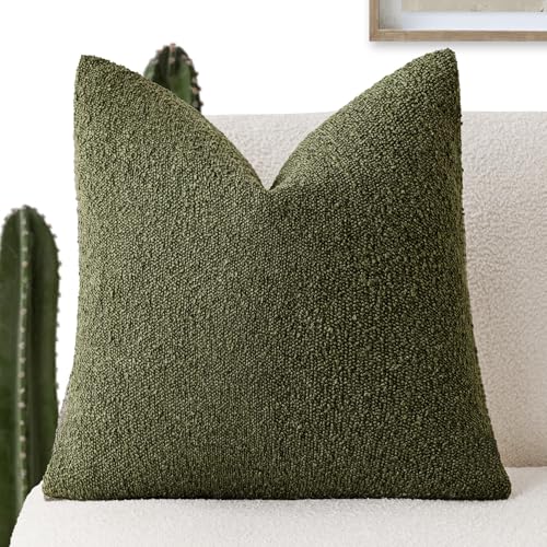 Foindtower Decorative Textured Boucle Throw Pillow Covers Accent Solid Pillow Cases Neutral Soft Cozy Couch Cushion Case for Chair Sofa Bedroom Living Room Home Decor 24x24 Inch,1PC,Moss Green