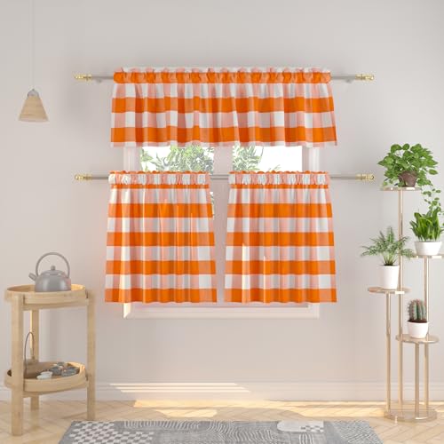 "3 Pieces Tier Curtains and Valance Set Buffalo Check Kitchen Tiers Plaid Gingham Rod Pocket Classic Short Small Cafe Curtains Country Farmhouse Cafe Bathroom 54""x18""/27""x30"" Orange & White"