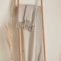 Drift Home Woven Stripe Throw Blanket 200 x 200cm – 100% Recycled Cotton Natural Throw with Tassels, Textured Sofa or Bed Throw