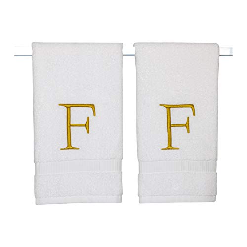 White with Gold Monogrammed Hand Towels for Bathroom - Set of 2 Letter F - Luxury Hotel Quality Initial Towels For Powder Room, Spa, GOTS Organic Certified
