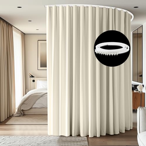 cbsroro Room Divider Ceiling Mounted Curtains Track Sets Extra Wide Blackout Curtain Flexible Tracks for Bedroom Privacy Partition Separator, 1 Panel Beige Drape and White Rail, W10 x H9ft