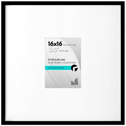 Americanflat 16x16 Picture Frame with Polished Plexiglass - Use as 5x7 Frame with Mat or 16x16 Frame Without Mat - Streamline Collection - Thin Picture Frame for Wall Display - Black