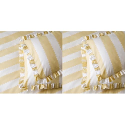 furn. Wylder Birdie Stripe Pillowcase Pair – Reversible Ruffle Edge Cotton Rich Striped Pillow Covers (Butter Yellow – 50x75cm) (Pack of 2)