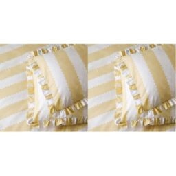 furn. Wylder Birdie Stripe Pillowcase Pair – Reversible Ruffle Edge Cotton Rich Striped Pillow Covers (Butter Yellow – 50x75cm) (Pack of 2)