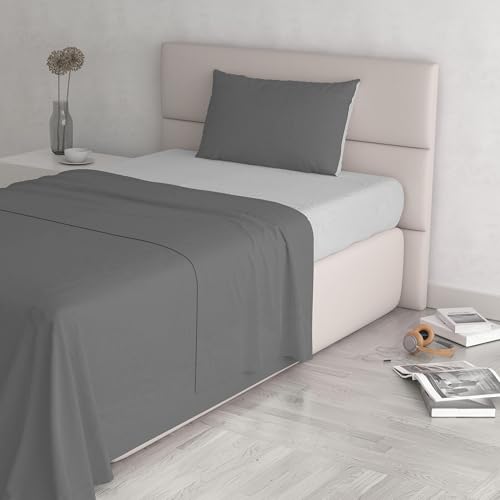Italian Bed Linen Natural Color Bed Set (Flat 150x300, Fitted Sheet 90x200cm+Pillowcase 52x82cm), Petrol Bottle Green, 100% Cotton, Light Gray/Smoke, SINGLE