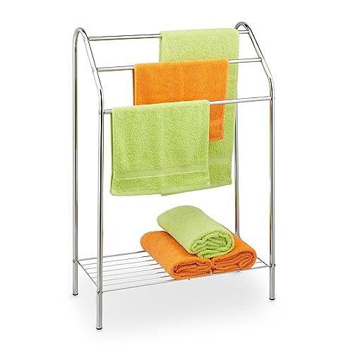Relaxdays Towel Rack, 3 Bars, with Shelf, Free Standing, Steel, HWD: 83.5 x 57.5 x 25.5 cm, Bathroom and Shower, Silver