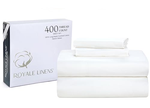 ROYALE LINENS 400 Thread Count 100% American Grown Cotton 4 Piece Sateen Full Sheet Set - 1 Fitted, 1 Flat Sheet, 2 Pillow case - White Bedsheet Set - Cooling Cotton Sheets - (Full, Signature White)