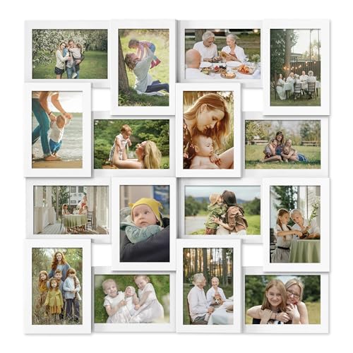 J.M.Deco Collage Picture Frames for Wall 16 Opening, Large Photo Frame Collage Wall Hanging for 4x6 Photo, Reunion Friends Family Memory - Pure White