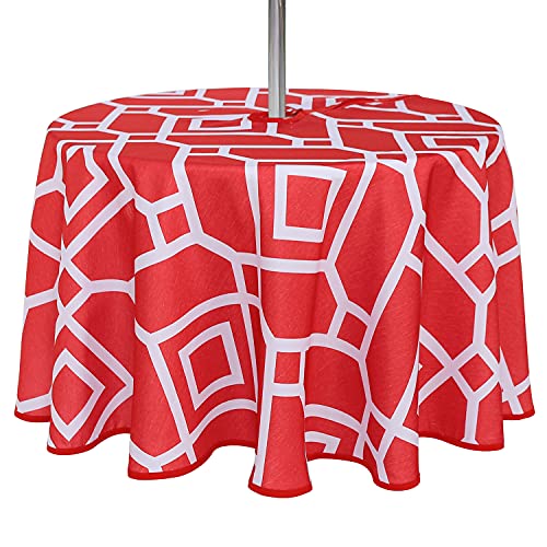 LUSHVIDA Moroccan Outdoor Round Tablecloth with Umbrella Hole and Zipper, 60 Inch Red, Waterproof Wrinkle Free Table Cloth Decorative Fabric Washable Table Cover for Patio, Party, Picnic