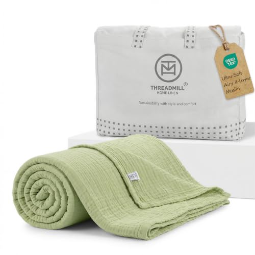 Threadmill Cotton King Blanket, Muslin, Sage Green, Pre-Washed Cotton Gauze - 100% Cotton, Muslin Weave, Breathable, All-Season, Lightweight, OEKO-TEX Certified, Machine Washable