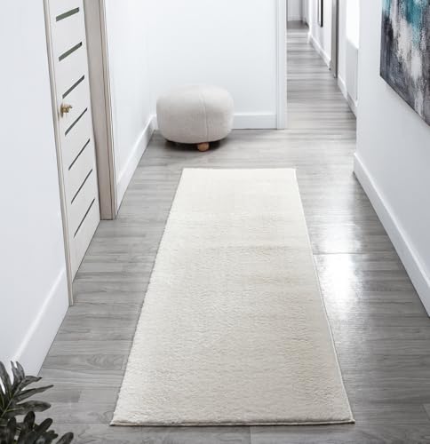 Rugs by Desire Comfy Washable Modern Living Room Rug Polyester Plain Indoor Area Rug with Low Pile - Anti-Slip Felt Backing SuperSoft Carpet Bedroom-Hallway, Cream, 60x200 cm
