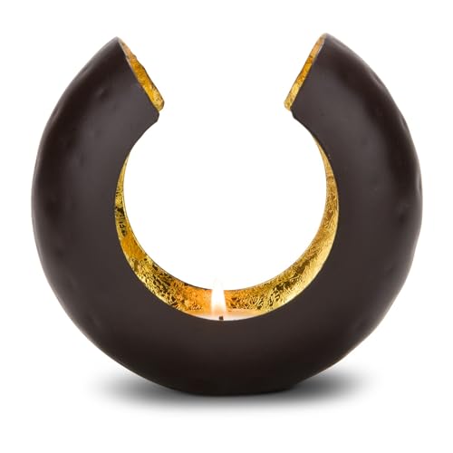 visuals Tealight Holder, Small Brown Matte Metal with Gold-Leaf Lining, 11 x 6.5 x 12 cm