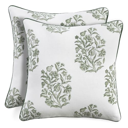 CPC Throw Pillow Covers for Couch, 20x20 Inch Decorative Couch Pillows for Living Room, 100% Cotton Boho Cute Outdoor Pillows, Flower Pillow Covers or Preppy Throws-Sage Green