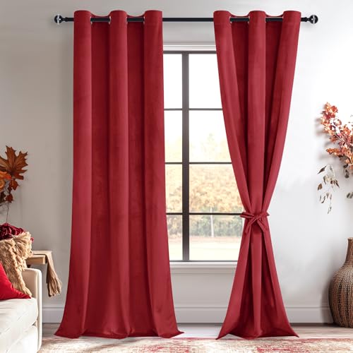JIUZHEN Wine Red Velvet Curtains 96 inches Blackout Curtains for Living Room - Privacy Protect Room Darkening Grommet Thick Velvet Window Drapes for Bedroom, Set of 2 with Tiebacks, 42W x 96L