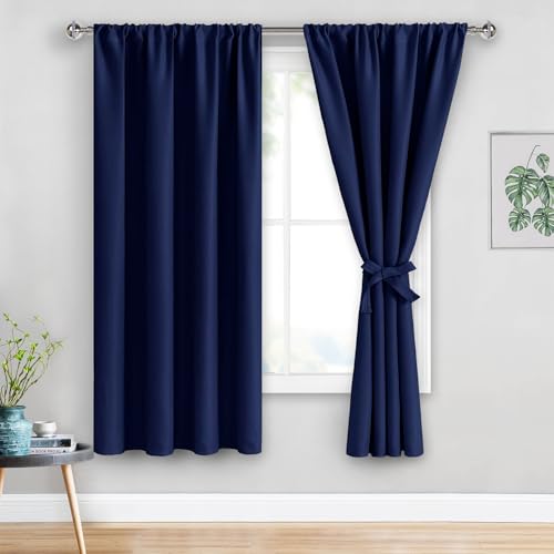 JIUZHEN ROSETTE Blackout Curtains for Bedroom - Thermal Insulated Room Darkening Rod Pocket Curtains for Living Room, Set of 2 Panels with Tiebacks, 42 x 63 Inch Length, Navy Blue