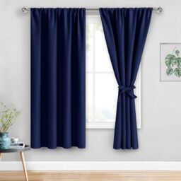 JIUZHEN ROSETTE Blackout Curtains for Bedroom - Thermal Insulated Room Darkening Rod Pocket Curtains for Living Room, Set of 2 Panels with Tiebacks, 42 x 63 Inch Length, Navy Blue
