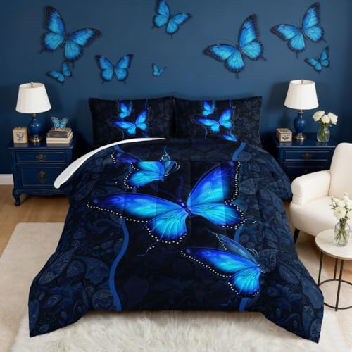 HOSIMA Blue Butterfly Comforter Set for Girls Bedroom Set,Mandala Bedding Boho Floral Twin Comforter Set,Butterfly Print Bed Set Queen Size with 2 Pillowcases.