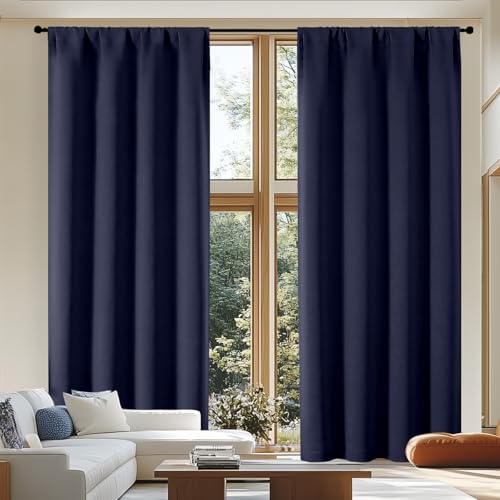 Simplebrand Ava Navy Blue Blackout Curtains for Patio 108 Inches Long 2 Panels Set, Solid Thermal Insulated Room Darkening Rod Pocket Window Treatment Curtains Blackout Drapes, W50 x L108