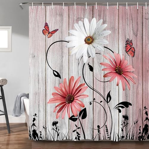 Bzhilja Rustic Farmhouse Floral Shower Curtain, Farm Teal Daisy Floral Butterfly Old Plank Rustic Shower Curtain, Turquoise Blue Fabric Bathroom Accessory Set with Hooks, 69 x 70, Red