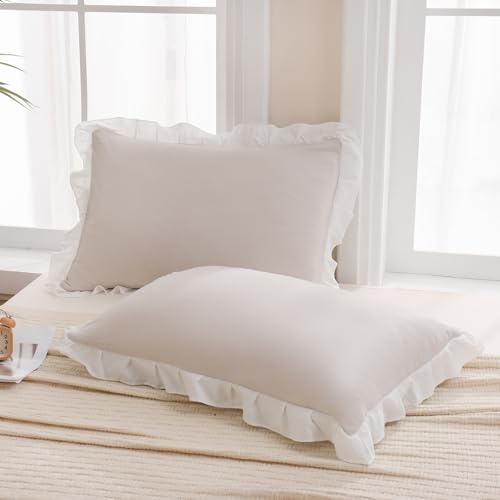 Merryword Beige Pillow Shams Beige and White Reversible King Pillowcases Cute Pillow Cover Set of 2 Soft Shabby Chic Ruffled Pillowcases 2 Pack (King (20''x36''), Beige White)