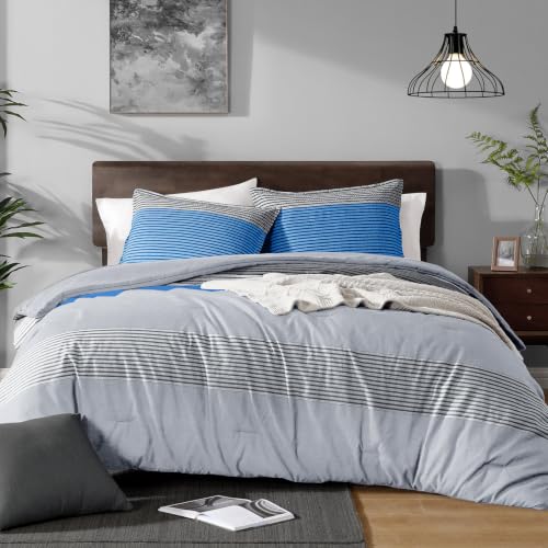 Andency Stripe Blue Comforter Set King Size, 3 Pieces Gray and Blue Patchwork Striped Comforter(104x90 Inch), Soft Microfiber Down Alternative Comforter Bedding Set with Corner Loops