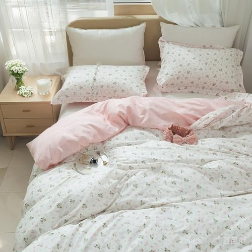 EAVD Vintage Style Garden Pink Floral Duvet Cover Queen Soft 100% Cotton White Pink Bedding Set for Girls Women Chic Shabby Boho Botanical Comforter Cover with Zipper Closure 4 Ties