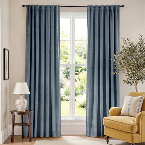 Lazzzy Velvet Curtains Blue Room Blackout Drapes for Bedroom Living Window Treatments Luxury Rod Pocket 84 Inches Long 2 Panels, Aegean Blue, W62 x L84