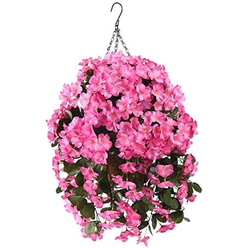 INQCMY Artificial Hanging Flowers in Basket for Patio Garden Decor,Artificial Plant with Coconut Lining Hanging Baskets,Begonia Flower for The Decoration of Outdoors and Indoors(Deep Pink)