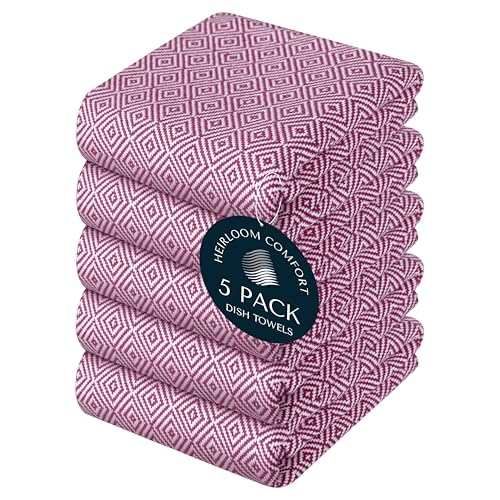HEIRLOOM COMFORT Burgundy Wine Kitchen Towels (5 Pack), 100% Cotton, Diamond Weave Design, Super Absorbent & Durable Dish Cloths, Quick Dry Towel Set for Drying Dishes, Everyday Kitchen Cleaning