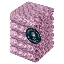 HEIRLOOM COMFORT Burgundy Wine Kitchen Towels (5 Pack), 100% Cotton, Diamond Weave Design, Super Absorbent & Durable Dish Cloths, Quick Dry Towel Set for Drying Dishes, Everyday Kitchen Cleaning